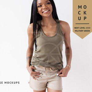 MOCKUP | Military Green, Next Level 1533 Racerback Tank Mockup, Black Model | Diverse Mockups, African American Model, Summer Mockup