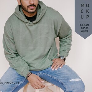 MOCKUP | Olive, Mens Gildan 18500 Hoodie, Male Model Mockup | Men Sweater Mockup, Diverse Mockups, Asian Indian Model