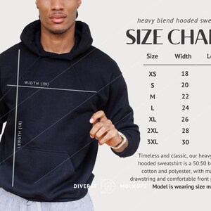 Gildan 18500 Size Chart | Heavy Blend Hooded Sweatshirt Size Chart | Hoodie Size Chart | Diverse Mockups, Male Model Mockup