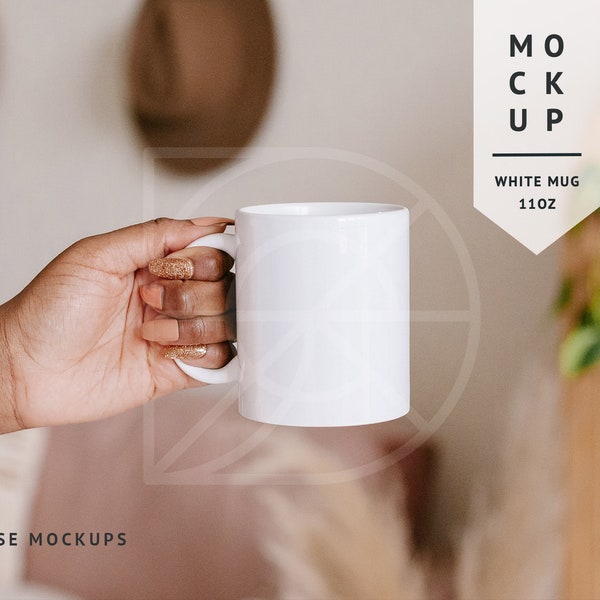 MOCKUP | White Mug, 11oz | Diverse Mockups, Blank Mug Mockup, Mug in Hands with Black Woman Model