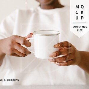 MOCKUP | Camper Mug, 12oz, Campsite Mug | Diverse Mockups, Mug in Hands with Black Woman Model