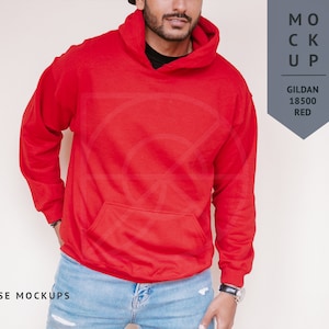 MOCKUP | Red, Mens Gildan 18500 Hoodie, Male Model Mockup | Men Sweater Mockup, Diverse Mockups, Asian Indian Model