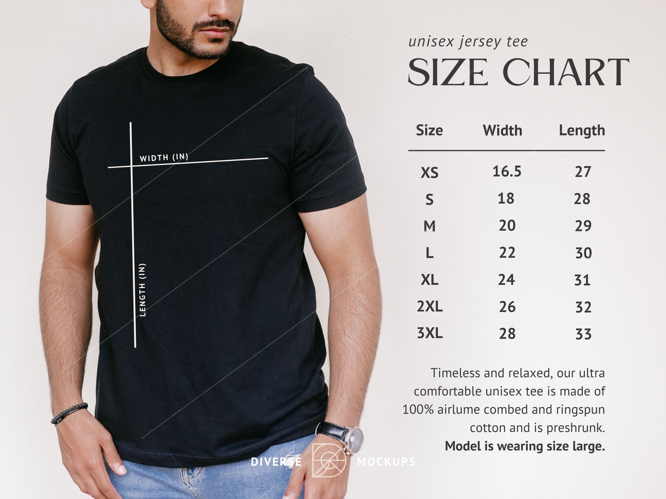 Bella Canvas 3001 Size Chart Mockup: Unisex T-shirt (digital