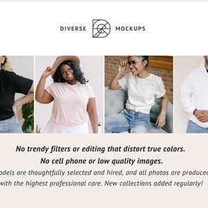 Puede incluir: Cuatro personas vistiendo diferentes prendas de vestir, incluyendo una camiseta negra, una camiseta rosa, una camiseta blanca y una sudadera con capucha blanca. El texto "DIVERSE MOCKUPS" est&aacute; en la parte superior de la imagen.