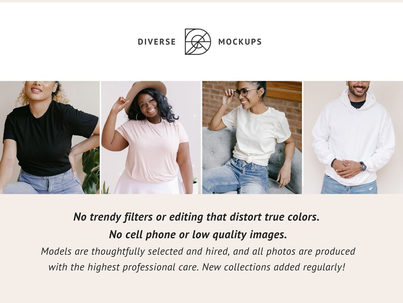 Puede incluir: Cuatro personas vistiendo diferentes prendas de vestir, incluyendo una camiseta negra, una camiseta rosa, una camiseta blanca y una sudadera con capucha blanca. El texto "DIVERSE MOCKUPS" est&aacute; en la parte superior de la imagen.