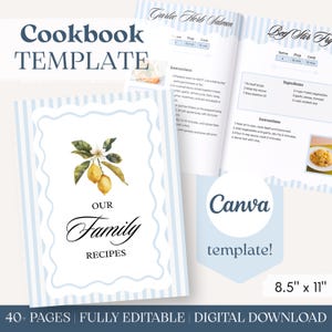 May include: A cookbook template with a light blue and white striped design. The cover features a watercolor illustration of lemons and the text "Our Family Recipes." The open pages display recipes, including "Garlic Herb Salmon" and "Beef Stir Fry." The template is 8.5" x 11".