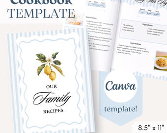 May include: A cookbook template with a light blue and white striped design. The cover features a watercolor illustration of lemons and the text "Our Family Recipes." The open pages display recipes, including "Garlic Herb Salmon" and "Beef Stir Fry." The template is 8.5" x 11".
