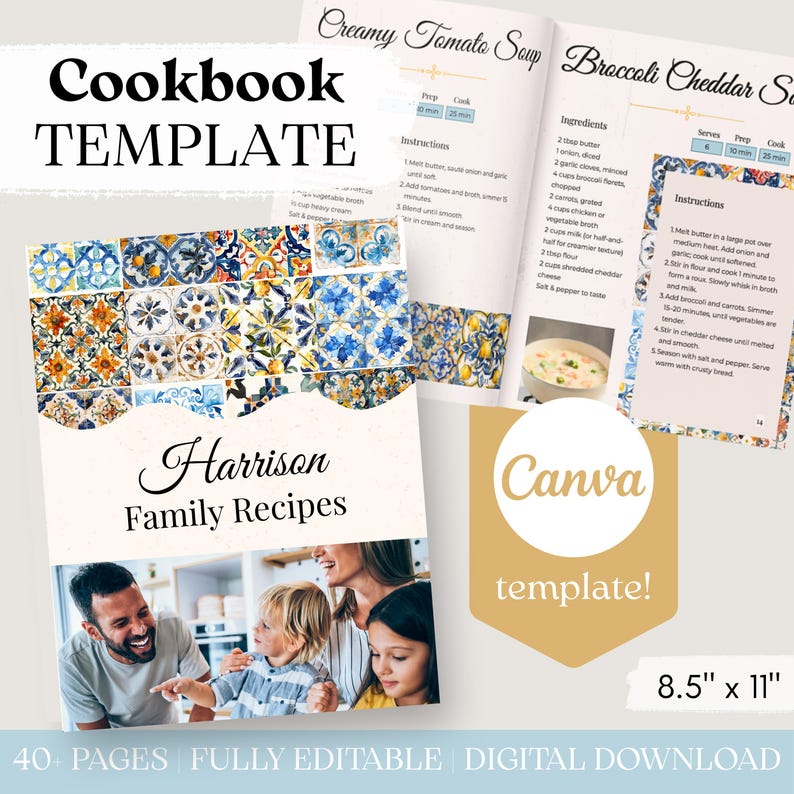 Editable Family Cookbook Template: Colorful Tile Design (canva Digital ...
