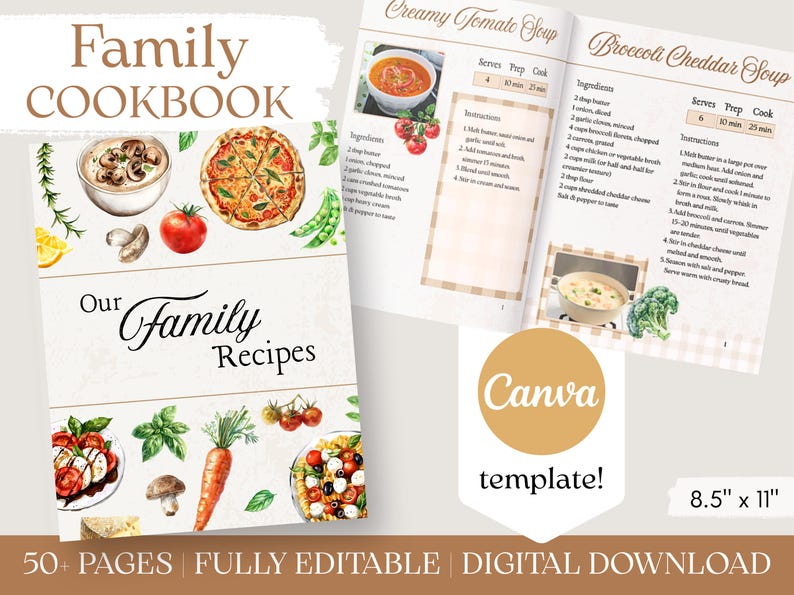 Country Cookbook Graphics Editable Family Cookbook Template: Watercolor Country Design (canva ...