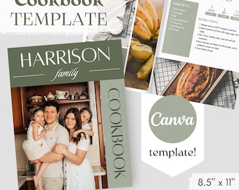 Family Cookbook Template: Green Minimalist Design, Canva (Digital Download)