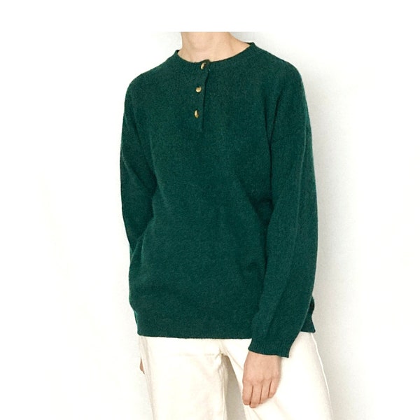 Vintage WOOL Henley Forest Green Sweater / Size S - M