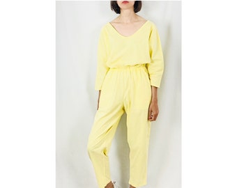 Vintage and handmade cottonlinen bright yellow jumpsuit with cool geometric neckline free shipping