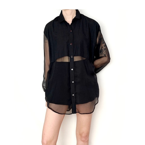 Vintage SHEER Solid Black Blouse / Size S - M