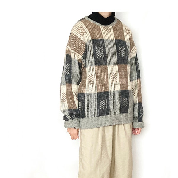 Vintage WOOL Checked Neutral Sweater / Size M - L