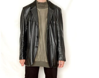 Vintage LEATHER Black Collar Jacket / Size M-XL