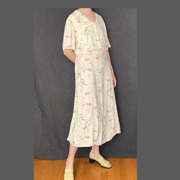 Vintage RAYON Floral Midi Dress / Size L