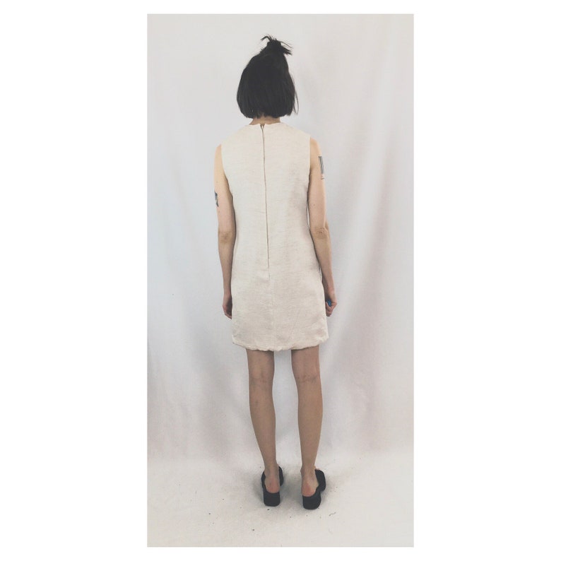 Macrame Yoke Sleeveless Neutral Dress Size XSS Handmade Vintage Shift Dress