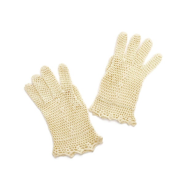 Vintage CROCHET Knit Cream Gloves - image 1