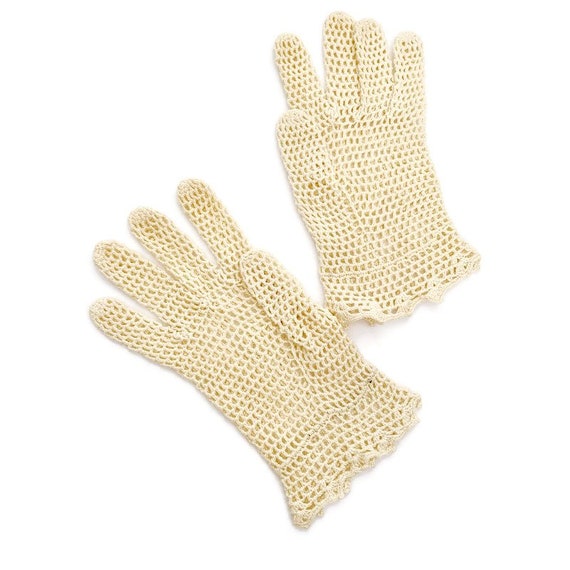 Vintage CROCHET Knit Cream Gloves - image 3