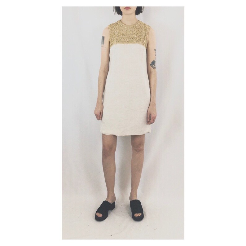 Macrame Yoke Sleeveless Neutral Dress Size XSS Handmade Vintage Shift Dress