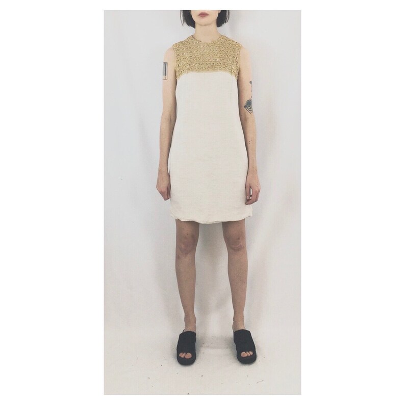 Macrame Yoke Sleeveless Neutral Dress Size XSS Handmade Vintage Shift Dress