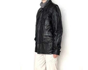 Vintage LEATHER Black Quilted Panel Jacket / Size M - XL