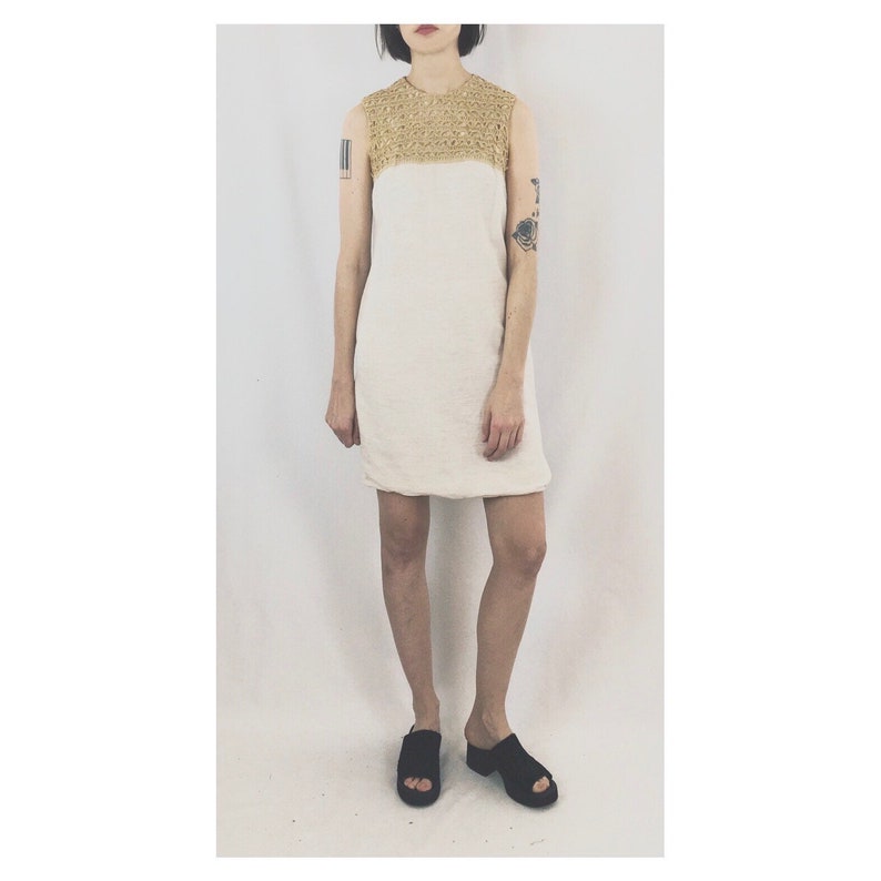 Macrame Yoke Sleeveless Neutral Dress Size XSS Handmade Vintage Shift Dress