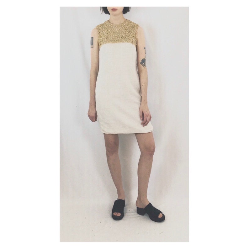 Macrame Yoke Sleeveless Neutral Dress Size XSS Handmade Vintage Shift Dress
