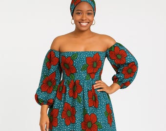 Vestido de Ankara con hombros descubiertos / Trabajo de cabeza con cera ahumada / Vestido de Ankara / Vestido de Ankara / Regalos para ella / Vestido de mujer / Ropa de mujer / Ankara / Africano