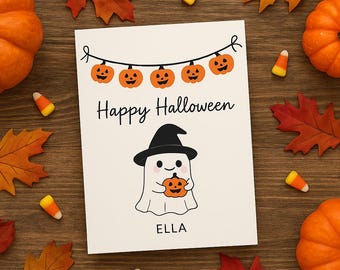 Cute Halloween Card For Kids, Spooky Ghost Card With Pumpkins, Digital Halloween,Halloween Greeting Card, Halloween Invite, Halloween Gifts