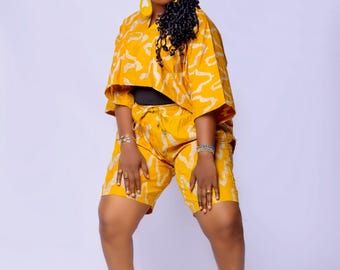 Adire Croptop and short pant | Yellow African Print Shorts & Top | Ankara Summer Outfit | Bold Festival Two Piece | Handmade Lounge Set