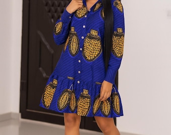 African Shirt Dress,African Midi dress,Ankara Short Dress,African clothing for Women,Beautiful African Casual dress,Trendy African dress.