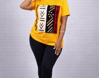 Ankara T-Shirt | Ankara Top | T-Shirt mit afrikanischem Druck | Stilvolles T-Shirt Damen Kurzarm | Bogolan Print und passendem, fertig gebundenem Turban