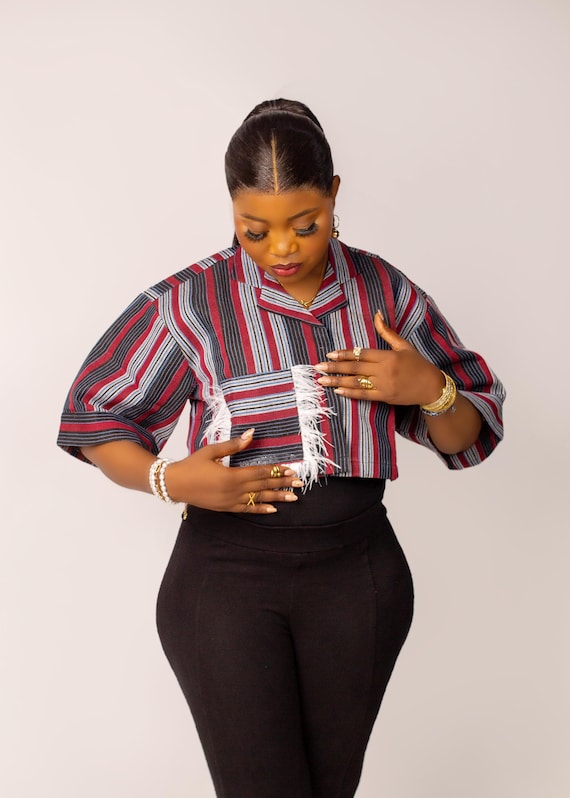 トップス acka fringe american sleeve tops African Aso Oke Crop Top| Handwoven Striped Top| Nigerian