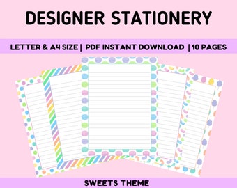 Designer Stationery | Sweets Lined Note Paper | 10 Pack PDF Printable Paper A4 & US Letter