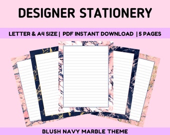 Designer Stationery | Blush Navy Marble Lined Note Paper | 5 Pack PDF Printable Paper A4 & US Letter