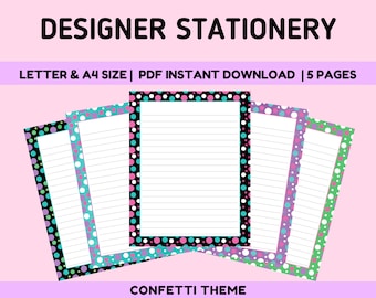 Designer Stationery | Confetti Lined Note Paper | 5 Pack PDF Printable Paper A4 & US Letter