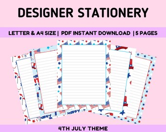 Designer Stationery | 4th July Lined Note Paper | 5 Pack PDF Printable Paper A4 & US Letter