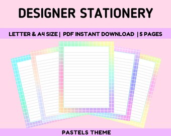 Designer Stationery | Pastels Graph Lined Note Paper | 5 Pack PDF Printable Paper A4 & US Letter