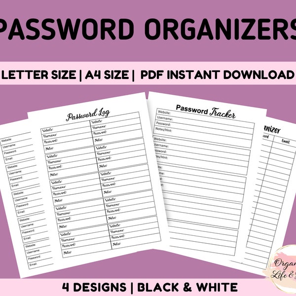 Password Organizer | Password List | Password Keeper| Password Log | Password Tracker | 4 Pack PDF Printable Paper A4 & US Letter