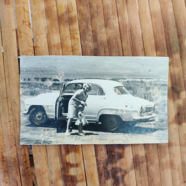 Mothe and Daughter outside simca Aronde car at lake Nakuru Kenya, Vintage, Vernacular Photography, Film Photography,