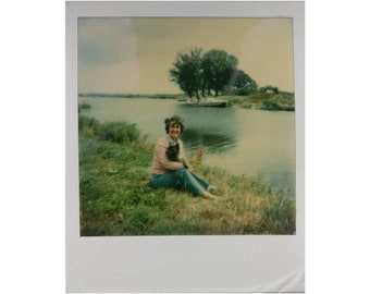 Vintage Colour Photo, Polaroid, Lady and Her Dog Pose for Photo by the Lake, Polaroid ,Original Photo, Vernacular Photography,Found Photo,
