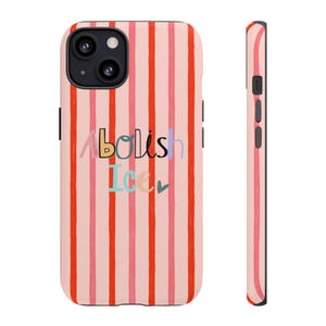May include: A phone case with a pink and red striped pattern. The case features the text "Abolish Ice" in colorful letters. The phone case is shown from the front and side, showcasing the design and the phone's camera.