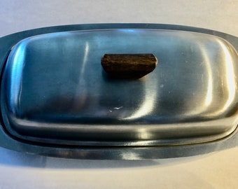 Vintage Silver Tone Metal Butter Dish tray With Lid Wood Handles 2 pieces