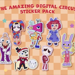 Puede incluir: Un paquete de pegatinas con personajes de "The Amazing Digital Circus". Las pegatinas incluyen un bufón, un robot, una muñeca, un rey, un personaje con dientes, un esqueleto y un conejo morado con una llave. El fondo es un patrón de cuadros.