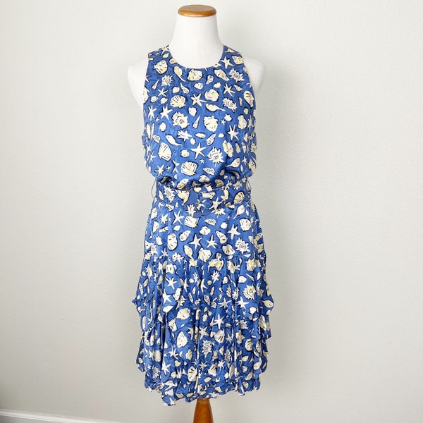 Vintage Gillian Blue Seashell Beachy Silk Sleeveless Belted Ruffle Dress Womens 10