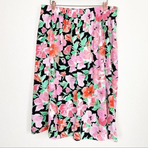 Vintage Nikki Womens XL Floral Elastic Waist Midi Skirt Vibrant 80s 90s