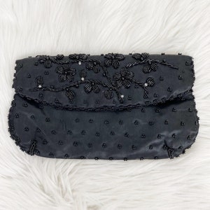 Vintage Black Handmade Beaded Satin Clutch Evening Bag Made in Hong Kong
