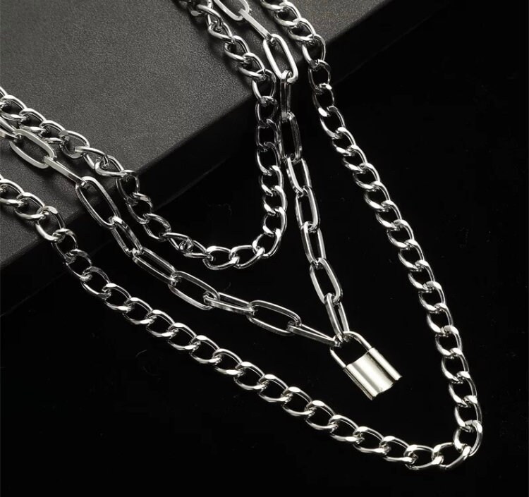 Layered chain necklace with lock Clearance