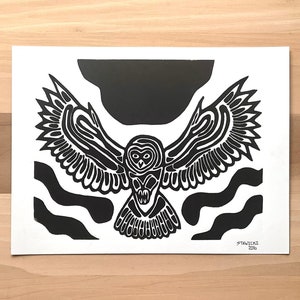 The Flying Owl - Linoleum Block Print handmade hand carved original owl art design animals bird lovers fun design folk art style modern owls